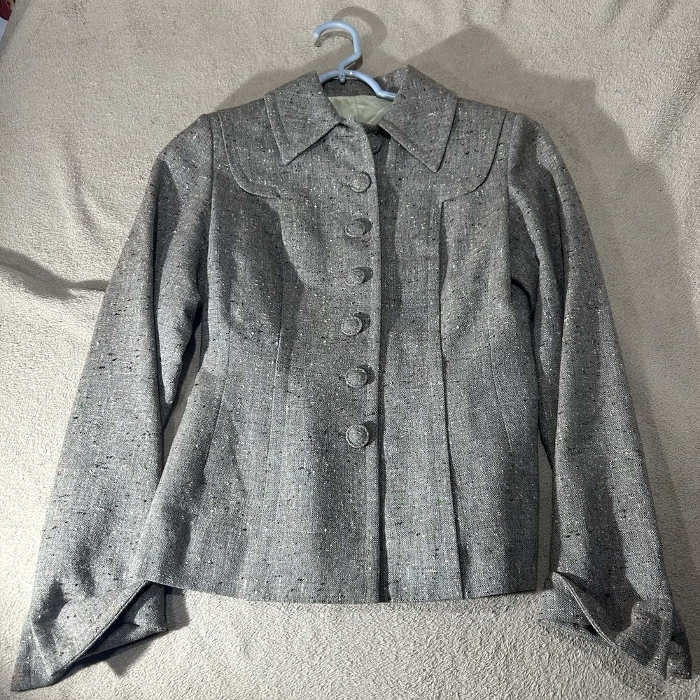 Vintage 90s Harilela's Hong Kong Gray Tweed Peplum Jacket Blazer Womens M